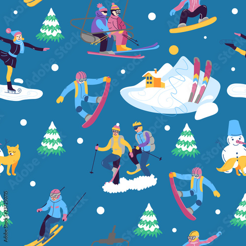 Beautiful vector seamless pattern with ski, snowboarding, snowsh
