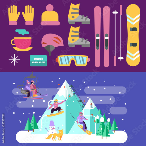 beautiful vector illustration ski club. Skiing, snowboarding and