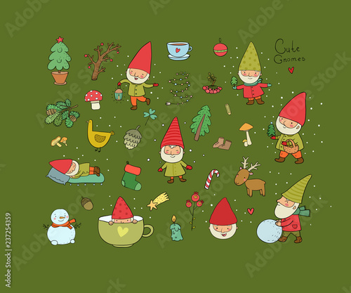 Cute cartoon gnomes. New Year set. Christmas funny elves. Vector illustration.