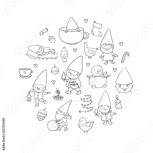 Cute cartoon gnomes. New Year set. Christmas funny elves. Vector illustration.