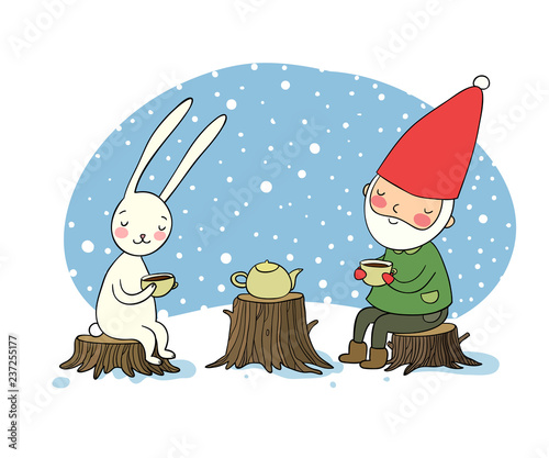 The gnome and the hare drink tea in the forest. Elf and rabbit on a picnic.