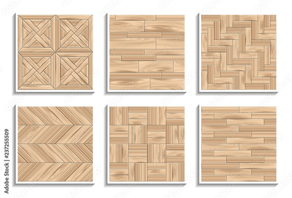 Fototapeta premium Set of seamless parquet textures. 3D patterns of wood materials
