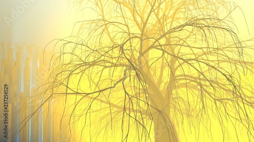 Fototapeta Naklejka Na Ścianę i Meble -  Lonely tree without leaves in fog or mist lit by bright orange sun god rays . 3d illustration. Travel and camping concept
