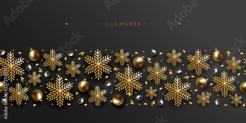 Christmas and New Years golden snowflakes, seamless border on black background