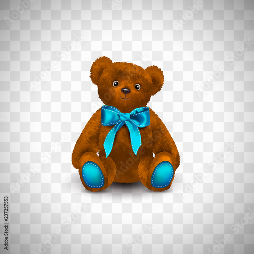 Sitting fluffy cute red brown or rufous teddy bear with bright blue ribbon or bow. Children's toy isolated on transparent background. Realistic vector illustration