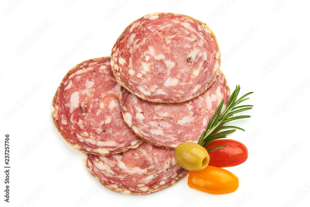Thin Hungarian Salami Slices with herbs, isolated on a white background. Top view Thin Hungarian Salami Slices with herbs, isolated on a white background. Top view
