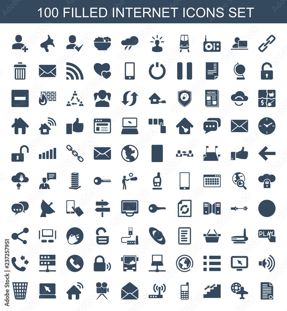 internet icons. Set of 100 filled internet icons included document, globe  and plane, stairs, old phone on white background. Editable internet icons  for web, mobile and infographics. Stock Vector | Adobe Stock