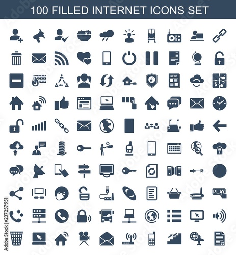 internet icons. Set of 100 filled internet icons included document, globe and plane, stairs, old phone on white background. Editable internet icons for web, mobile and infographics.