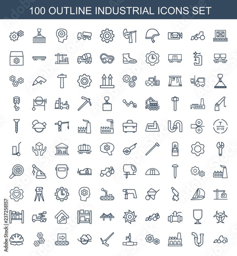industrial icons. Set of 100 outline industrial icons included excavator, pipe, factory, gear on white background. Editable industrial icons for web, mobile and infographics.