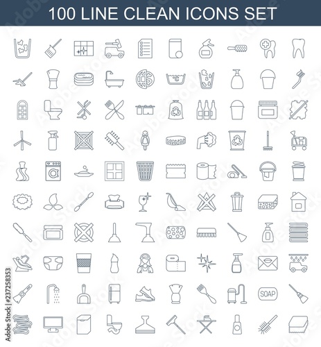clean icons. Set of 100 line clean icons included sponge, toilet brush, cream tube, ironing table on white background. Editable clean icons for web, mobile and infographics.