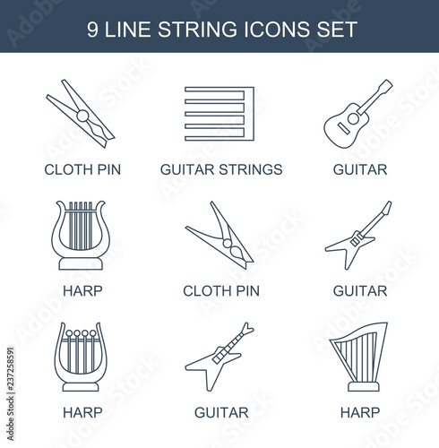 string icons. Set of 9 line string icons included cloth pin, guitar strings, guitar, harp on white background. Editable string icons for web, mobile and infographics.