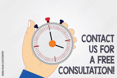 Handwriting text writing Contact Us For A Free Consultation. Concept meaning We are available for giving support Hu analysis Hand Holding Mechanical Stop Watch Timer with Start Stop Button
