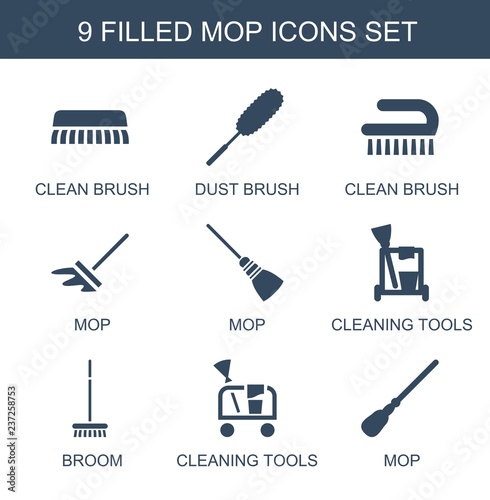 mop icons. Set of 9 filled mop icons included clean brush, dust brush, cleaning tools, broom on white background. Editable mop icons for web, mobile and infographics.