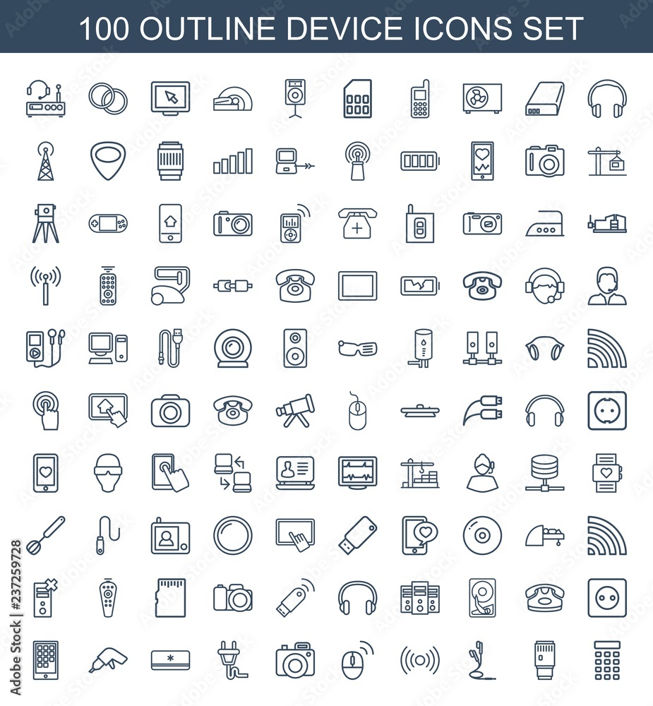 device icons. Set of 100 outline device icons included intercom, camera lensecamera lense, earphones on white background. Editable device icons for web, mobile and infographics.
