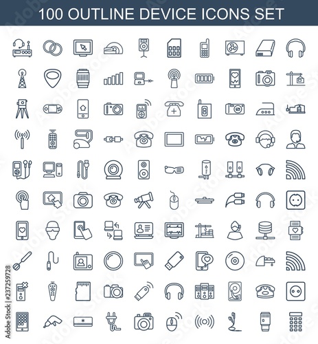 device icons. Set of 100 outline device icons included intercom, camera lensecamera lense, earphones on white background. Editable device icons for web, mobile and infographics.