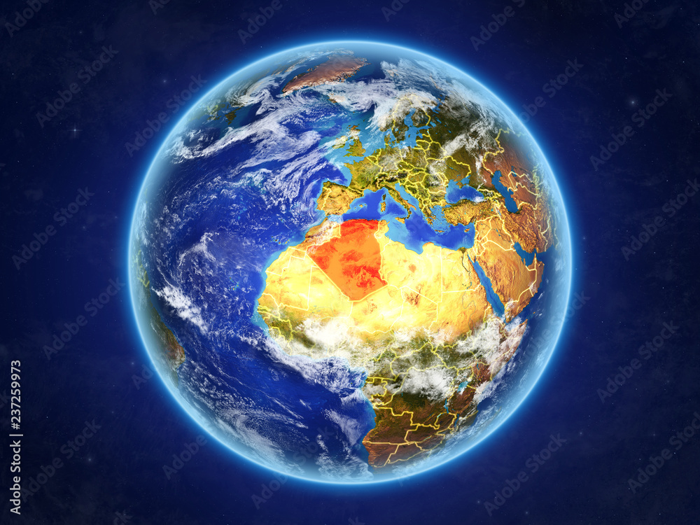 Algeria from space. Planet Earth with country borders and extremely high detail of planet surface and clouds. Algeria from space. Planet Earth with country borders and extremely high detail of planet surface and clouds.
