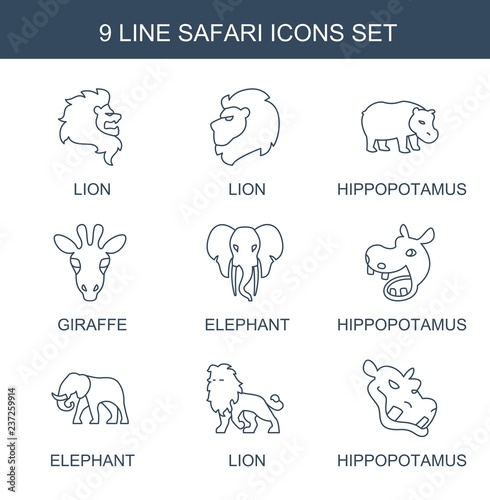 safari icons. Set of 9 line safari icons included lion, hippopotamus, giraffe, elephant on white background. Editable safari icons for web, mobile and infographics.