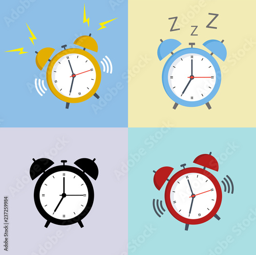 set of alarm clocks on a colorful background