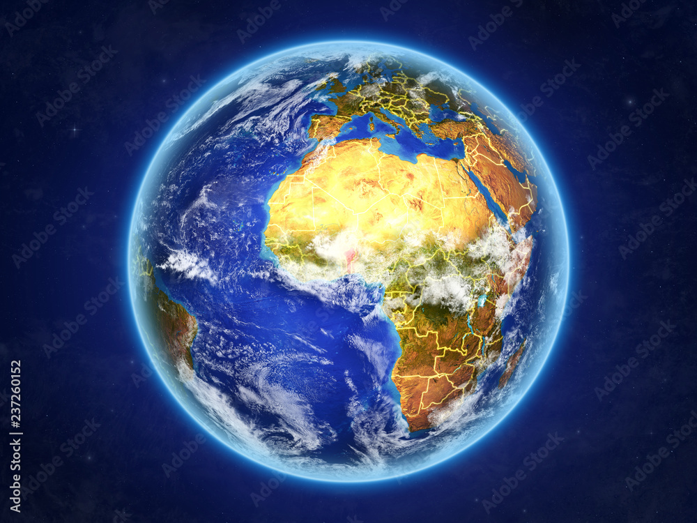 Benin from space. Planet Earth with country borders and extremely high detail of planet surface and clouds. Benin from space. Planet Earth with country borders and extremely high detail of planet surface and clouds.