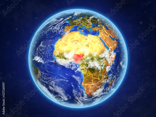 Fototapeta Naklejka Na Ścianę i Meble -  Nigeria from space. Planet Earth with country borders and extremely high detail of planet surface and clouds.