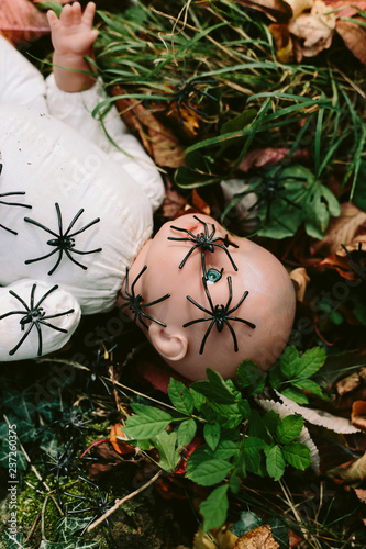 Child's doll lying on the ground with spiders crawling over it.  photo