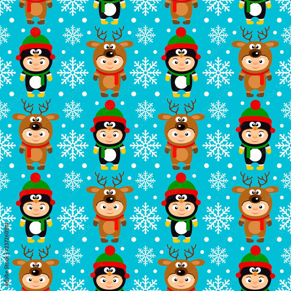 New Year seamless with kids in costume deer and penguin.Vector illustration
