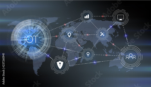 Internet of things (IoT) and networking concept for connected devices. Spider web of network connections with on a futuristic blue background