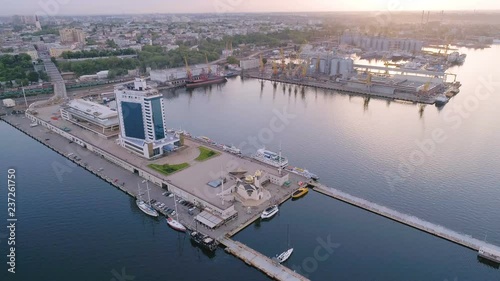 Aerial shot of splendid seaport with long piers and Potemkin Stairs in Odessa photo