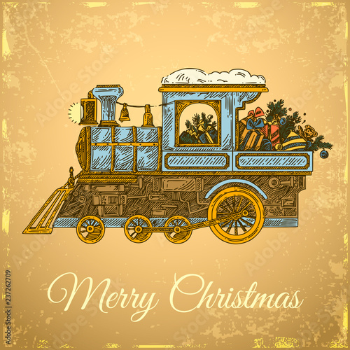 Vintage color card. Christmas train with gifts and toys. Engraving style. Vector illustration.