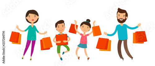 Happy family with packages or bags in their hands. Sale, shopping. Funny cartoon vector illustration