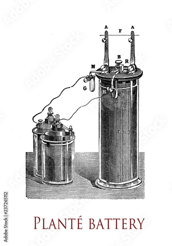 Foto Electricity and lab applications: first lead-acid battery invented by Gaston Pla