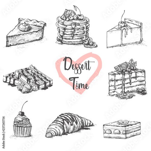 Sketch set of dessert.Hand drawn vector illustration.shop cafe poster restaurant menu food.Pancakes,cheesecake,waffles,cupcake,croissant,a picece of cake.