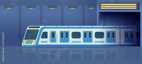 Railway subway or metro transport in tunnel moving on station. Passanger modern electric high-speed train. Underground public transport. Vector flat illustration.