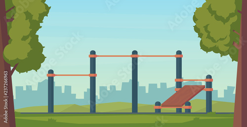 Summer street workout park for fitness and strength training. City sport place. Element and equipment for urban outdoor training. Flat style illustration