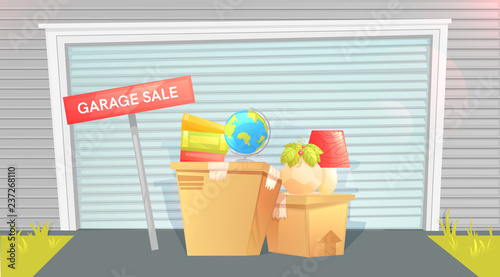 Garage sale, sign with box near a door. Outside the house. Selling things before the move. Let's moving!