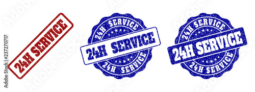 24H SERVICE grunge stamp seals in red and blue colors. Vector 24H SERVICE labels with distress style. Graphic elements are rounded rectangles, rosettes, circles and text labels.