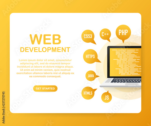 Programming, web development concept. Code on the screen laptop. Vector illustration.