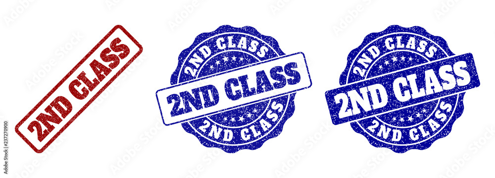 2ND CLASS grunge stamp seals in red and blue colors. Vector 2ND CLASS signs with grunge style. Graphic elements are rounded rectangles, rosettes, circles and text tags. 2ND CLASS grunge stamp seals in red and blue colors. Vector 2ND CLASS signs with grunge style. Graphic elements are rounded rectangles, rosettes, circles and text tags.