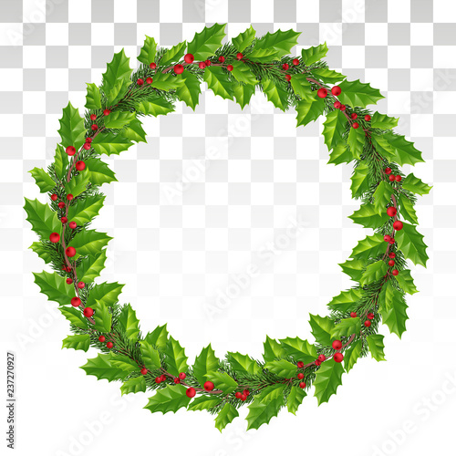 Traditional winter and Christmas natural wreath with holly, spruce. A large wreath with red berries. Vector. Eps10.