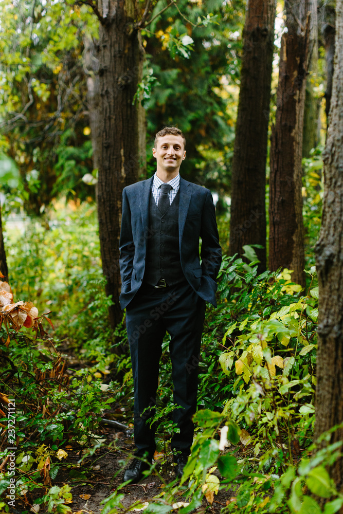 Portrait of Groom Standing in Northwest Forest Portrait of Groom Standing in Northwest Forest