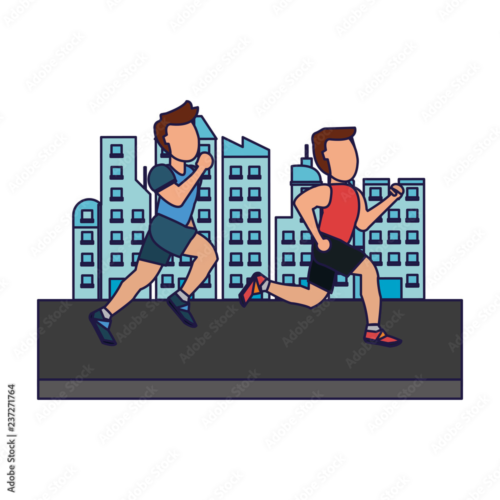 Fitness men in the city blue lines Fitness men in the city blue lines