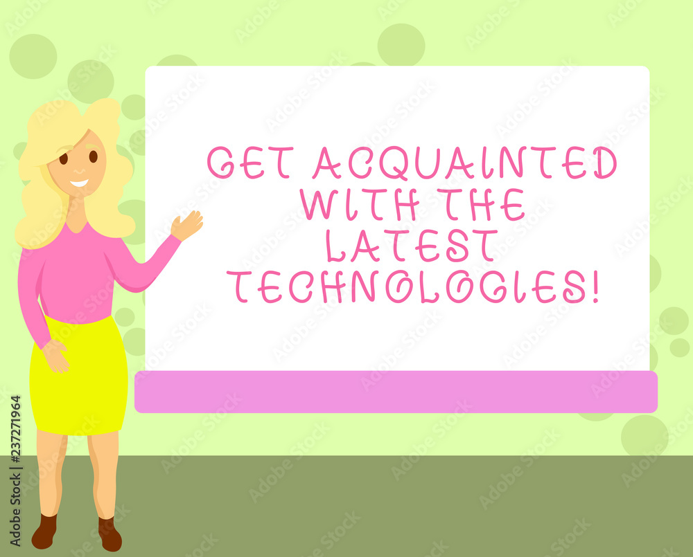 Conceptual hand writing showing Get Acquainted With The Latest Technologies. Business photo showcasing Be up to date have knowledge Female Hu analysis Presenting Rectangular Blank Whiteboard Conceptual hand writing showing Get Acquainted With The Latest Technologies. Business photo showcasing Be up to date have knowledge Female Hu analysis Presenting Rectangular Blank Whiteboard