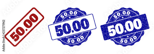 50.00 grunge stamp seals in red and blue colors. Vector 50.00 marks with grunge style. Graphic elements are rounded rectangles, rosettes, circles and text titles. Designed for rubber stamp imitations.