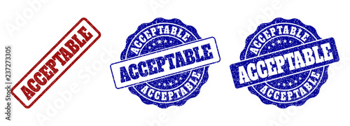 ACCEPTABLE grunge stamp seals in red and blue colors. Vector ACCEPTABLE imprints with grunge surface. Graphic elements are rounded rectangles, rosettes, circles and text labels.