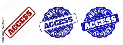 ACCESS grunge stamp seals in red and blue colors. Vector ACCESS labels with grunge surface. Graphic elements are rounded rectangles, rosettes, circles and text tags.