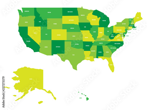Political map of United States od America, USA. Simple flat vector map in four shades of green with white state name labels on white background.