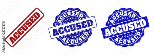 ACCUSED grunge stamp seals in red and blue colors. Vector ACCUSED labels with grunge style. Graphic elements are rounded rectangles, rosettes, circles and text captions.