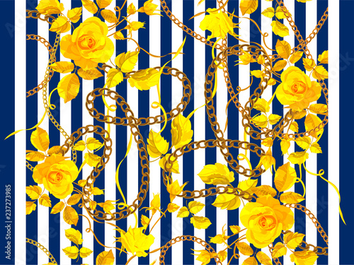 Stripped seamless pattern with chains and roses. Vector floral patch for fabric, scarf.