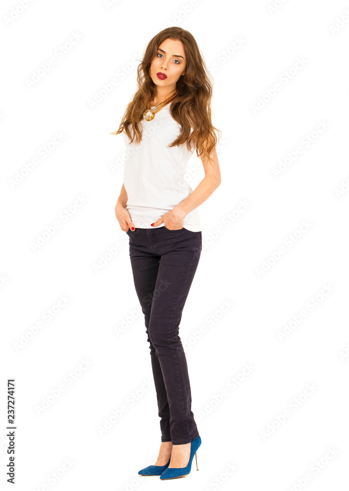 Portrait of beautiful girl in jeans and white t-shirt Portrait of beautiful girl in jeans and white t-shirt