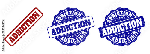 ADDICTION grunge stamp seals in red and blue colors. Vector ADDICTION watermarks with grunge style. Graphic elements are rounded rectangles, rosettes, circles and text tags.